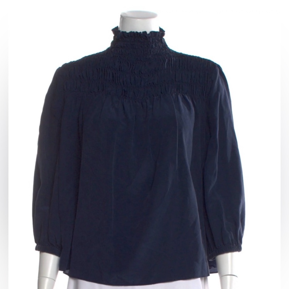 Frame Smocked Mock-neck 3/4 Sleeve Navy Silk Blouse Size XS